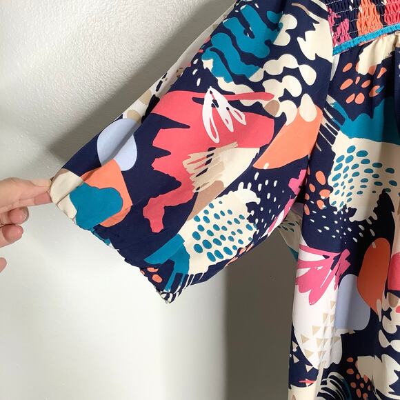 Umgee Suzie Multicolor Abstract Print Short Sleeve Smocked Peasant Blouse Top XL - Picture 4 of 9